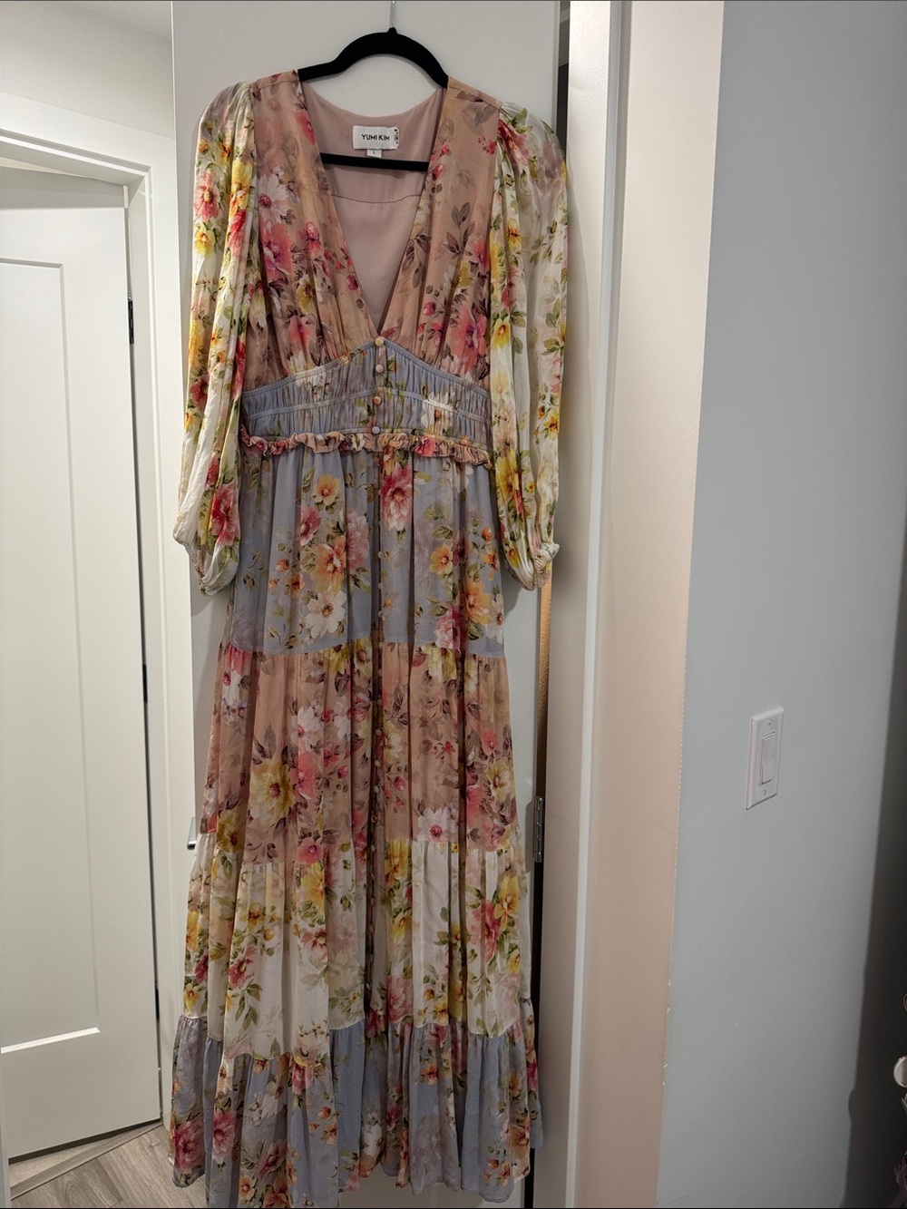 Yumi Kim Floral Tiered Maxi Dress in Blush, Blue and Cream